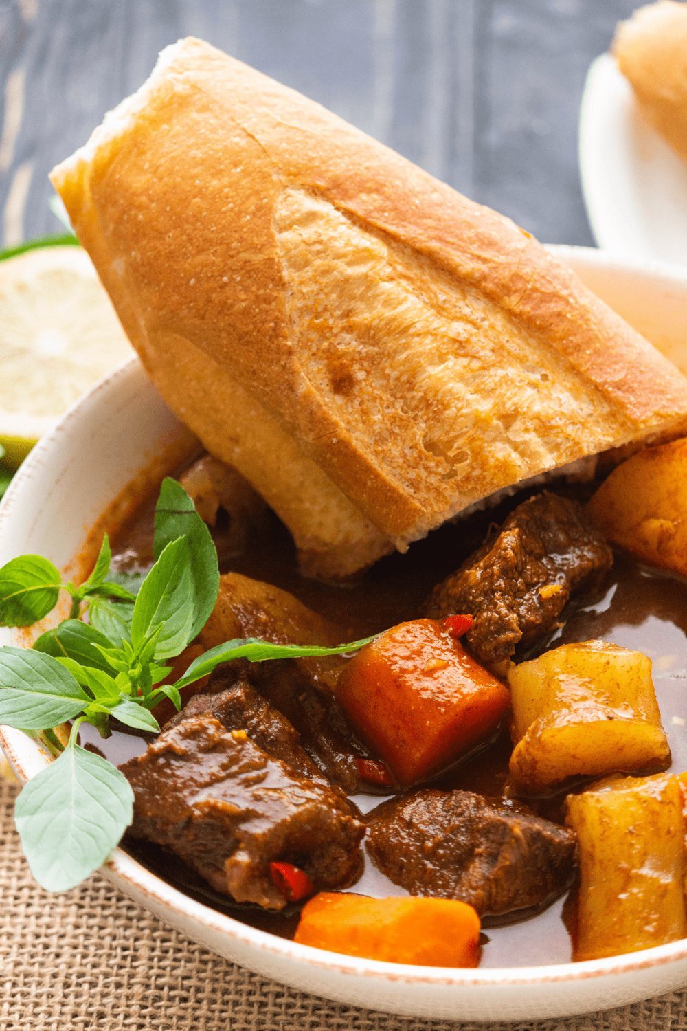 Vietnamese beef stew with carrots and a baguette